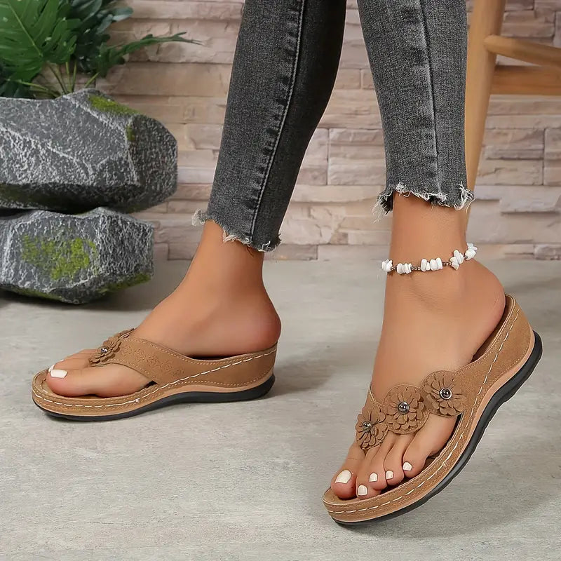 Women's Suede Wedge Sandals with Floral Details