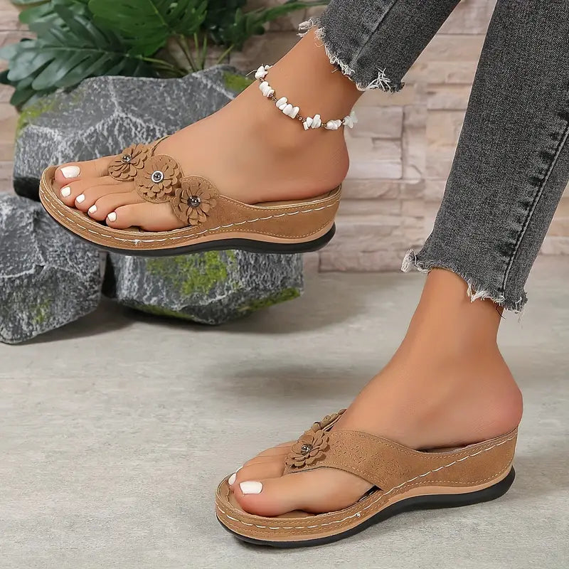 Women's Suede Wedge Sandals with Floral Details