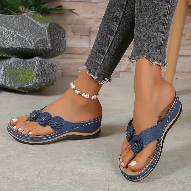 Women's Suede Wedge Sandals with Floral Details