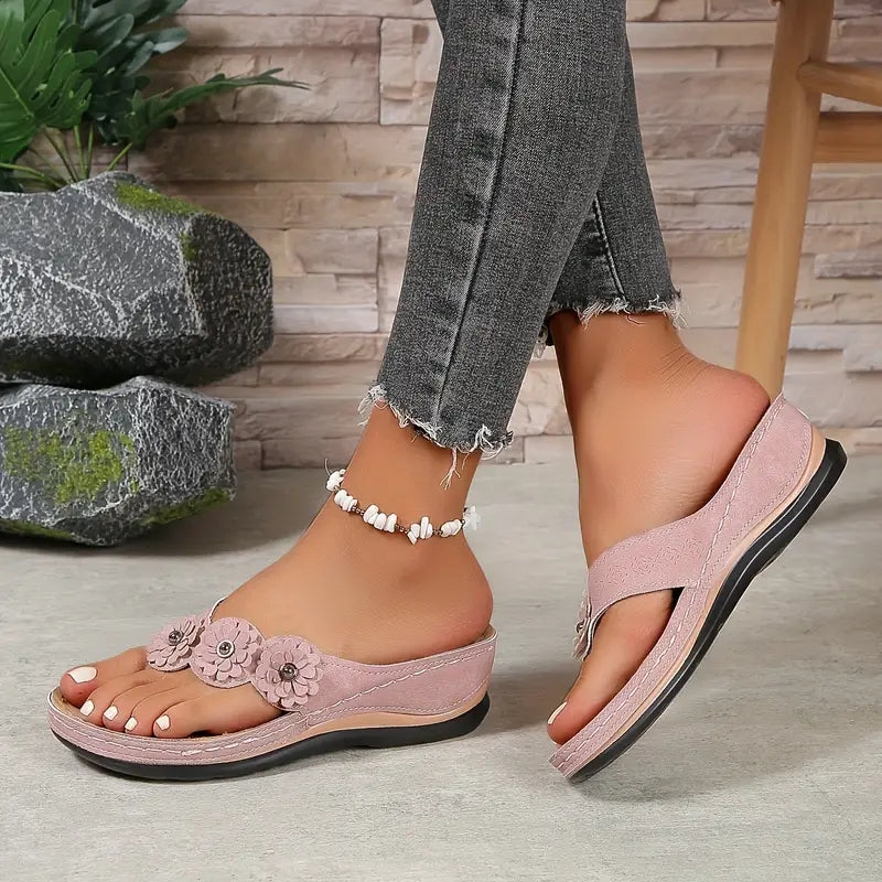 Women's Suede Wedge Sandals with Floral Details
