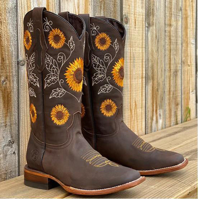 Women's Western Boots with Sunflower Embroidery