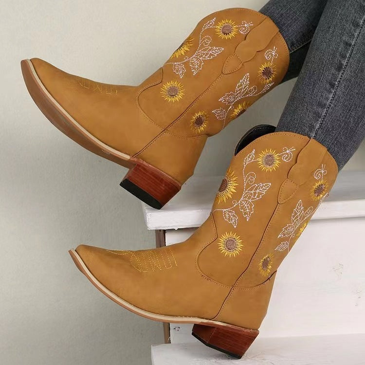 Women's Western Boots with Sunflower Embroidery