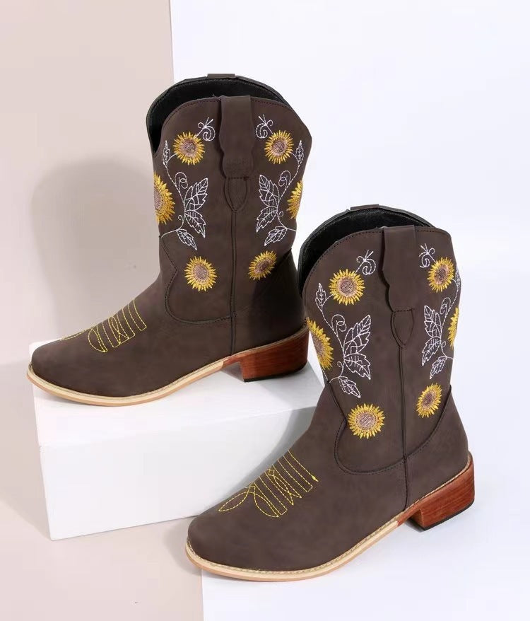 Women's Western Boots with Sunflower Embroidery
