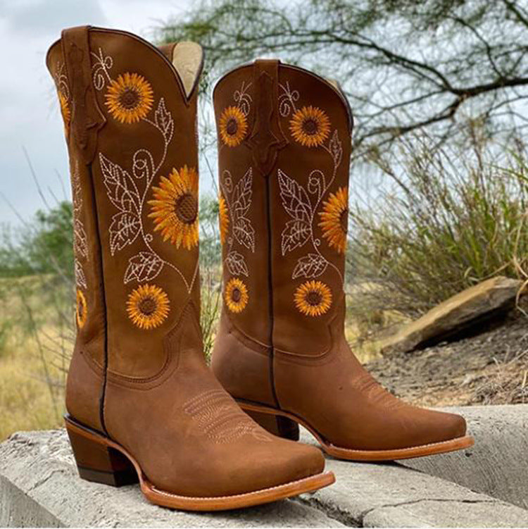 Women's Western Boots with Sunflower Embroidery