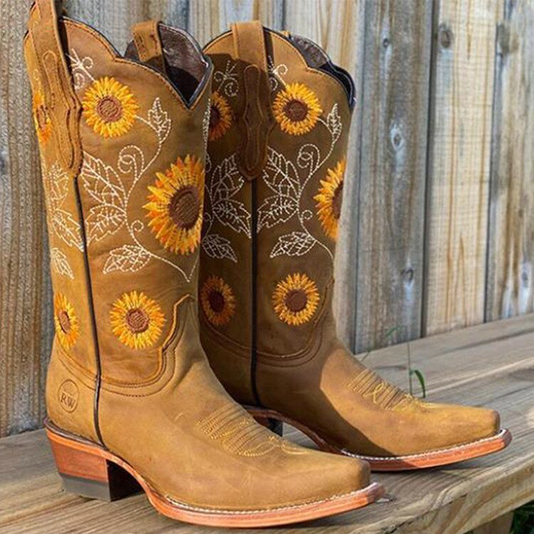 Women's Western Boots with Sunflower Embroidery