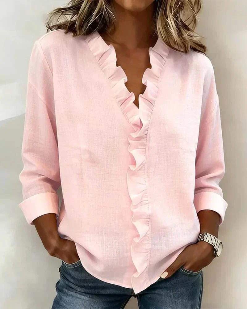Women's Relaxed Linen Blouse with Ruffle V-Neck