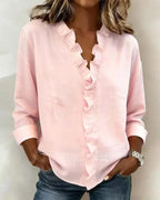 Women's Relaxed Linen Blouse with Ruffle V-Neck