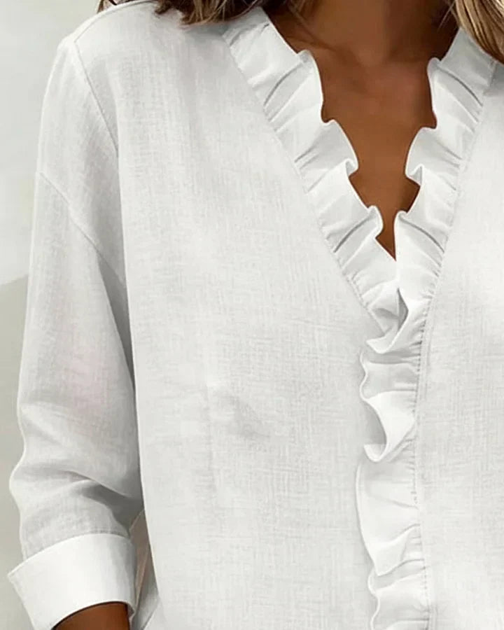 Women's Relaxed Linen Blouse with Ruffle V-Neck