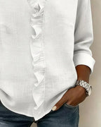 Women's Relaxed Linen Blouse with Ruffle V-Neck