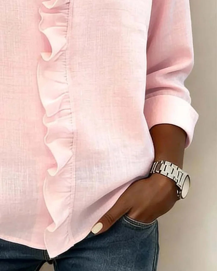 Women's Relaxed Linen Blouse with Ruffle V-Neck