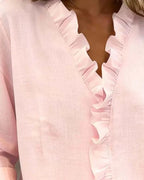 Women's Relaxed Linen Blouse with Ruffle V-Neck