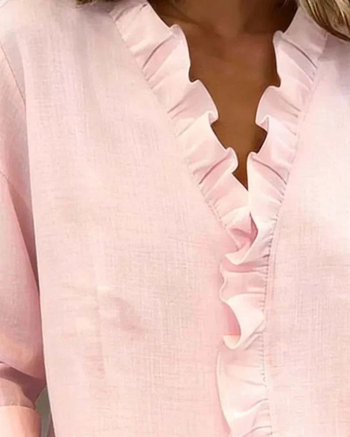 Women's Relaxed Linen Blouse with Ruffle V-Neck