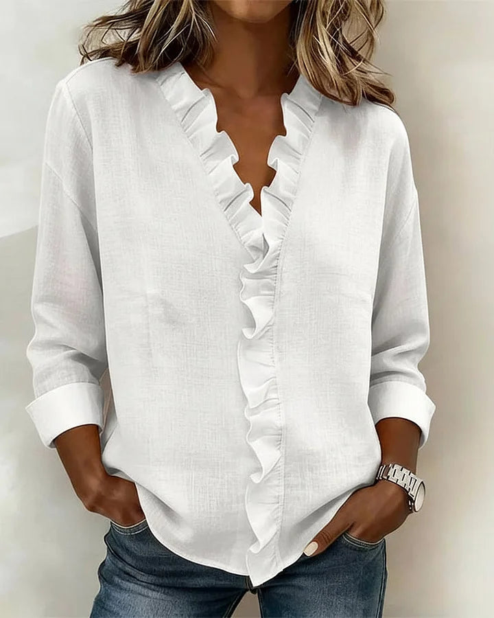 Women's Relaxed Linen Blouse with Ruffle V-Neck