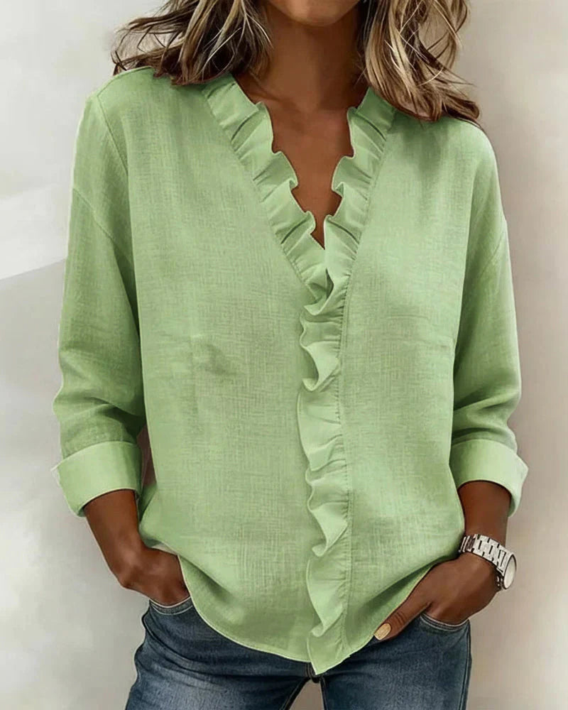 Women's Relaxed Linen Blouse with Ruffle V-Neck