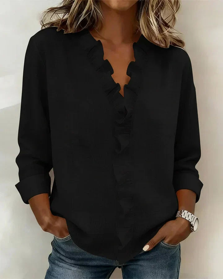 Women's Relaxed Linen Blouse with Ruffle V-Neck