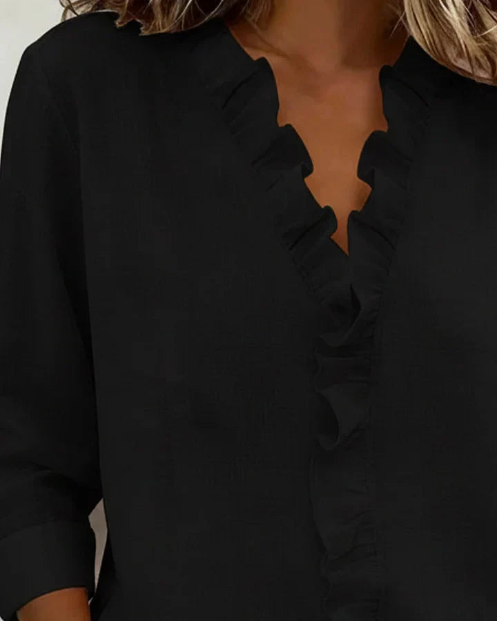 Women's Relaxed Linen Blouse with Ruffle V-Neck