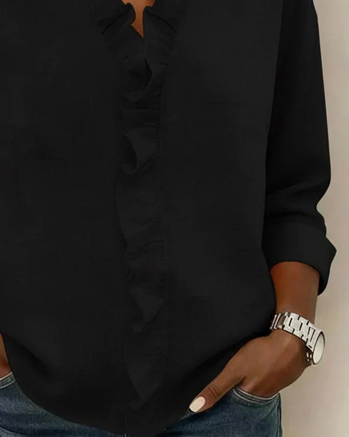 Women's Relaxed Linen Blouse with Ruffle V-Neck