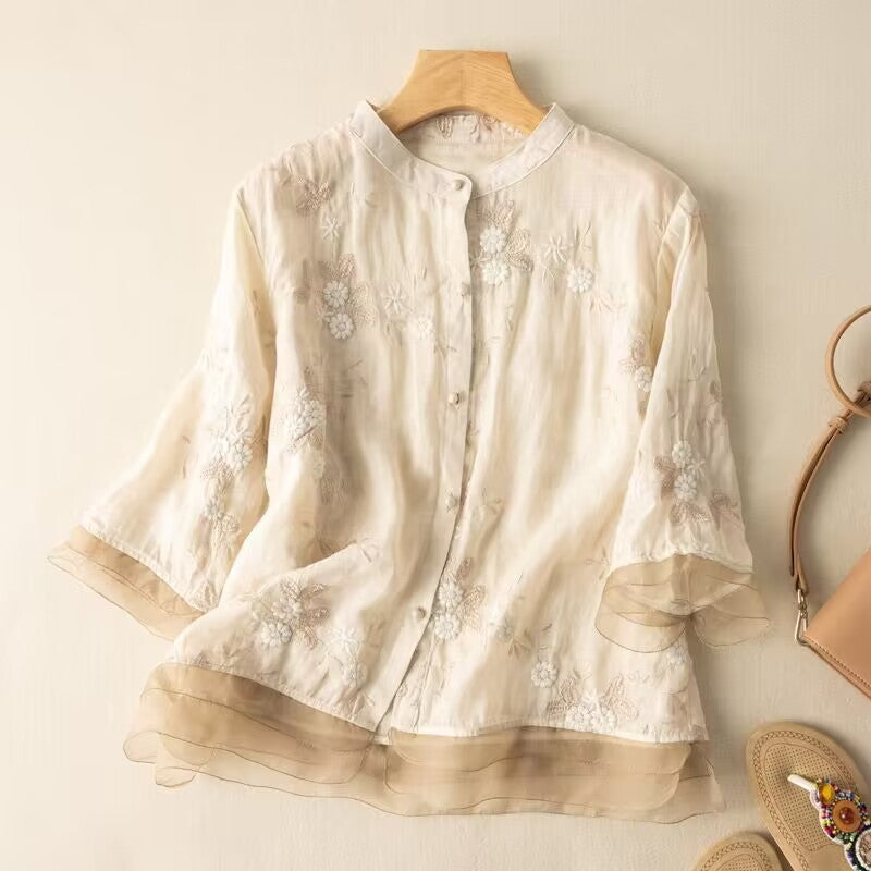 Women's Relaxed Cotton Blouse with Floral Embroidery
