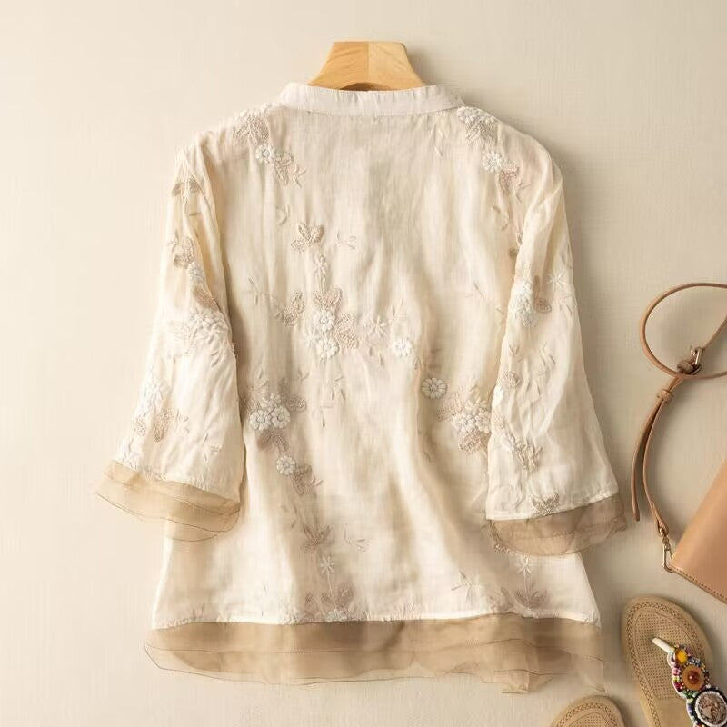 Women's Relaxed Cotton Blouse with Floral Embroidery
