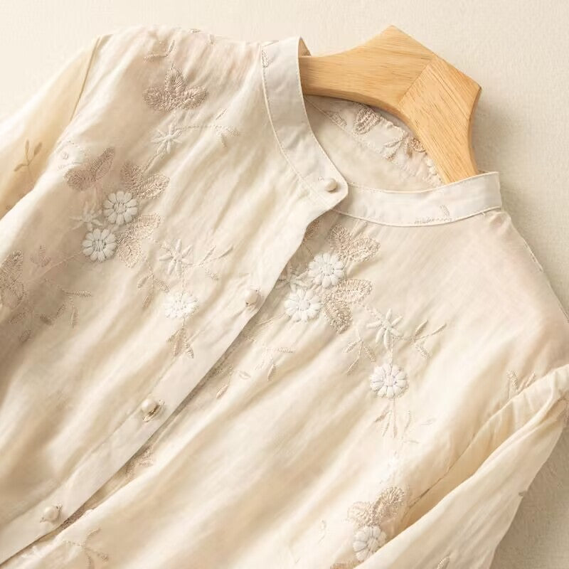 Women's Relaxed Cotton Blouse with Floral Embroidery
