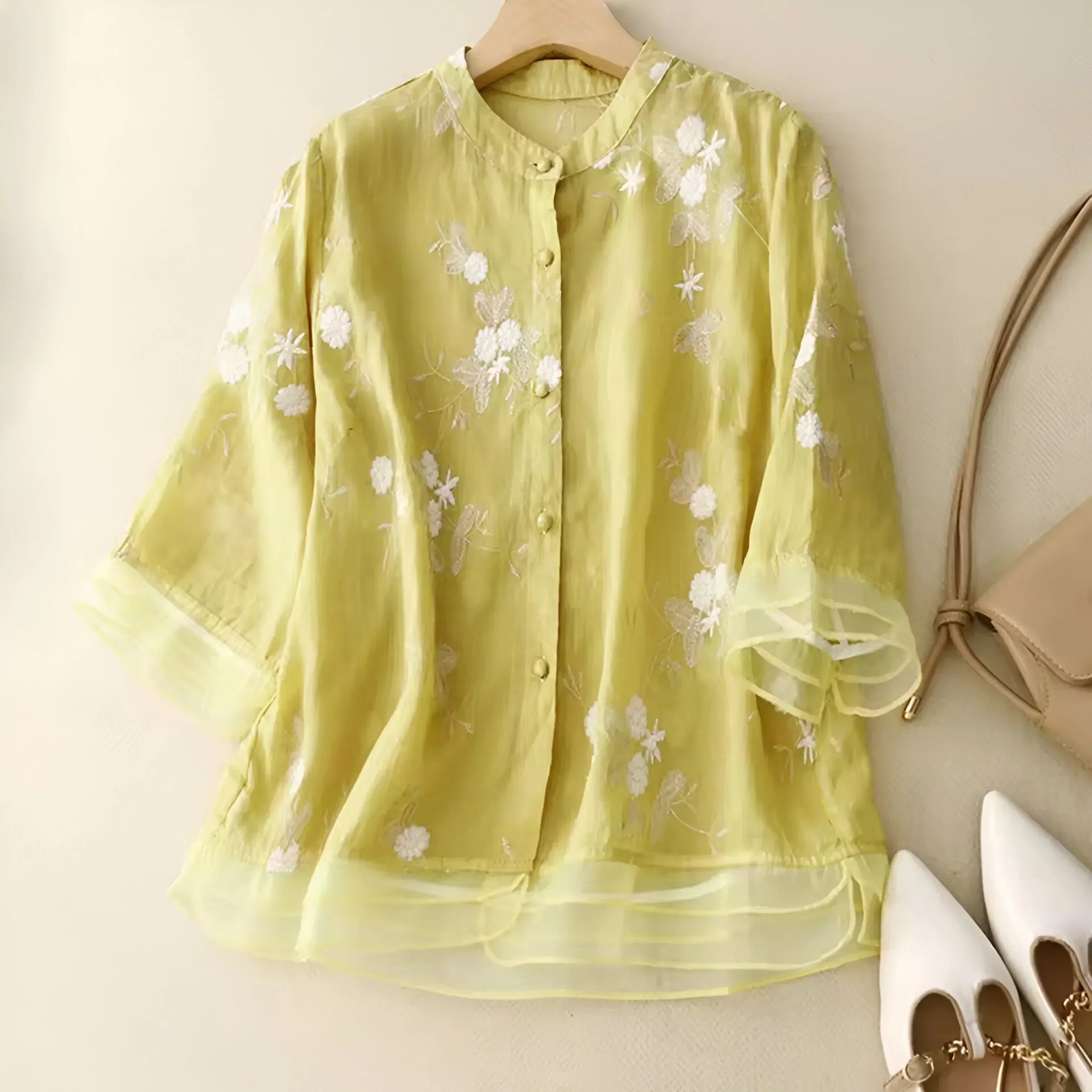 Women's Relaxed Cotton Blouse with Floral Embroidery