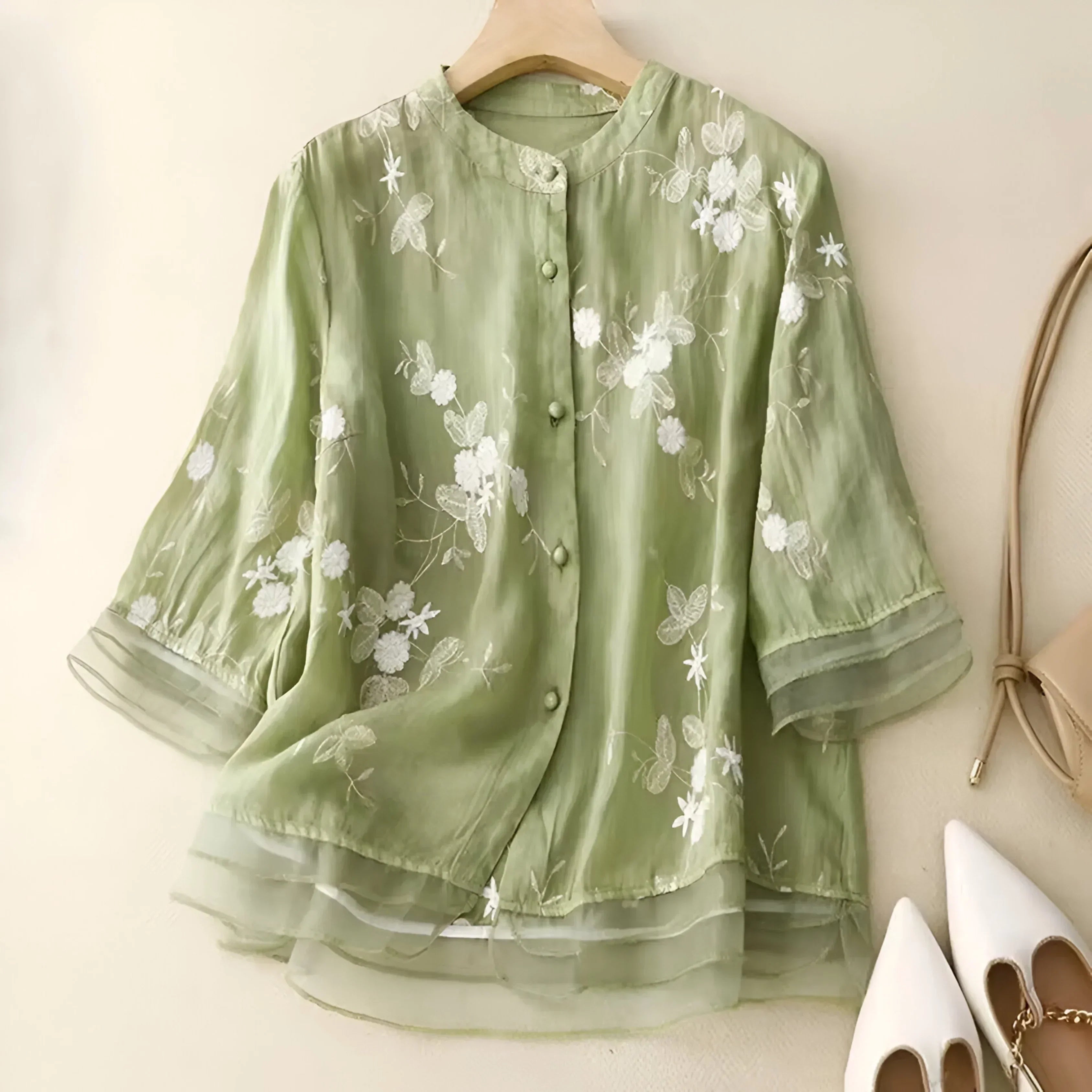 Women's Relaxed Cotton Blouse with Floral Embroidery
