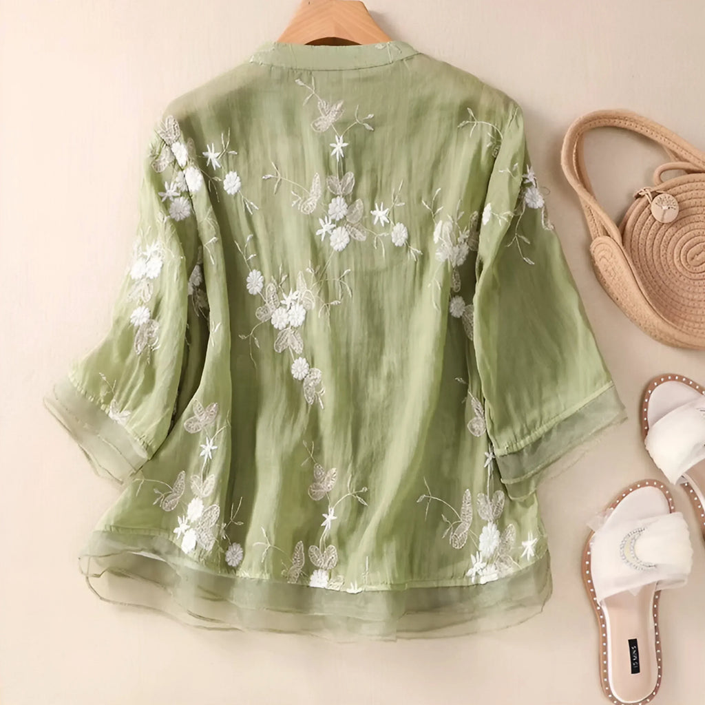 Women's Relaxed Cotton Blouse with Floral Embroidery
