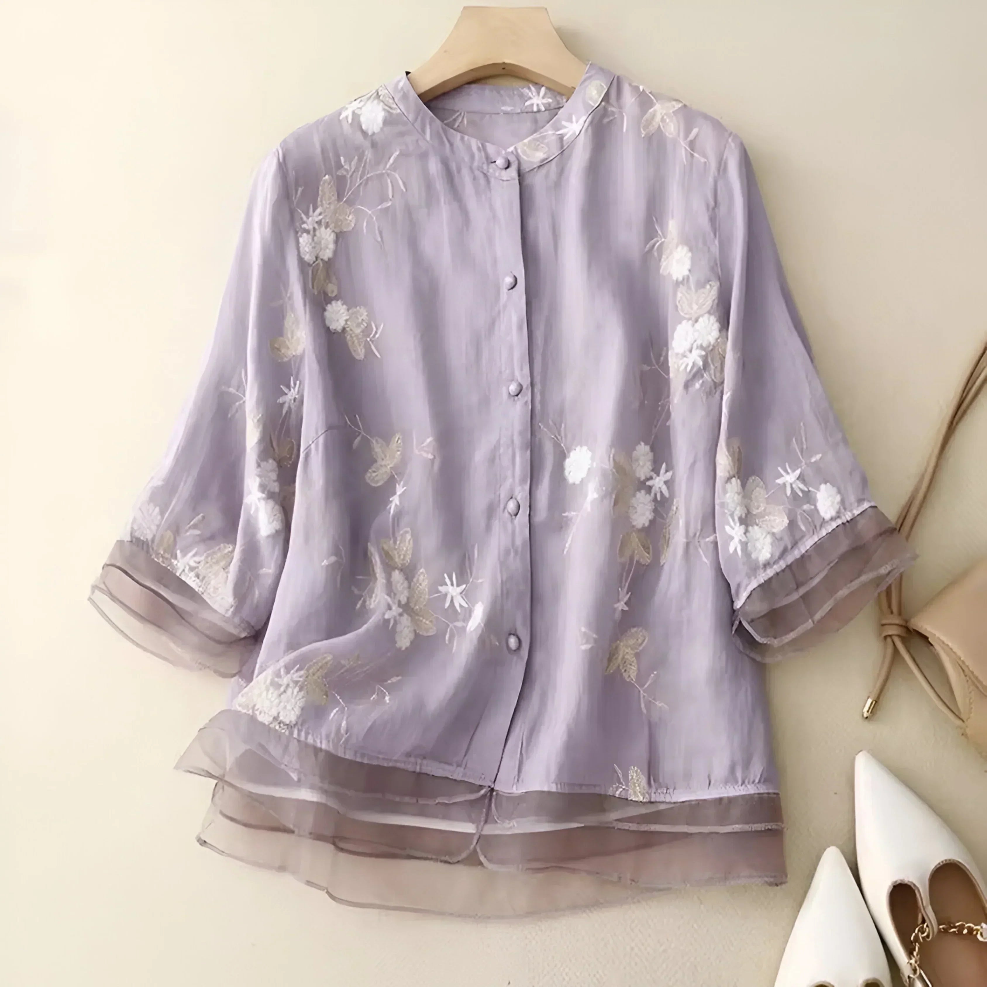 Women's Relaxed Cotton Blouse with Floral Embroidery