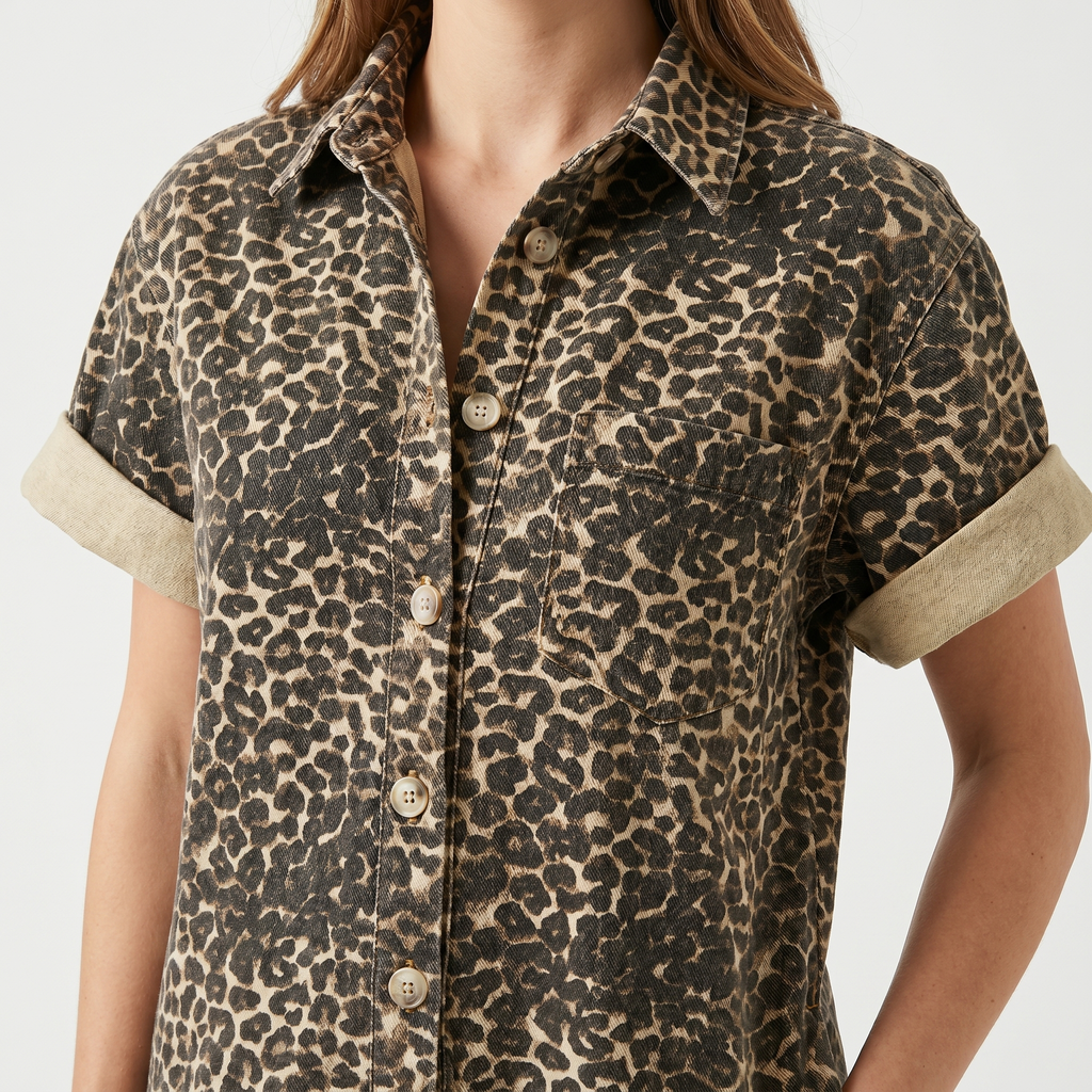 Women's Denim Leopard Print Short Set with Shirt Collar