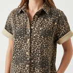 Women's Denim Leopard Print Short Set with Shirt Collar