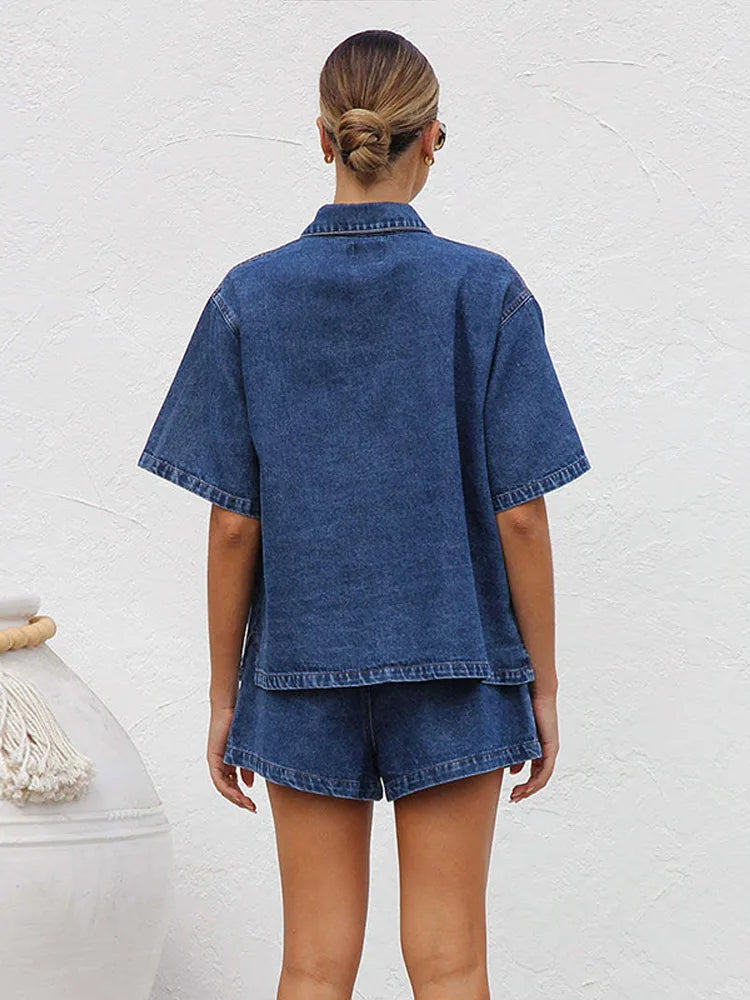 Women's Relaxed Denim Two-Piece Set with Drawstring Waist