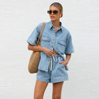 Women's Relaxed Denim Two-Piece Set with Drawstring Waist