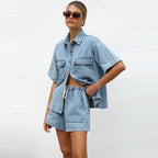Women's Relaxed Denim Two-Piece Set with Drawstring Waist