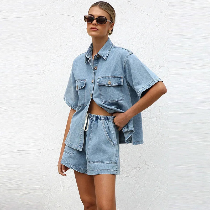 Women's Relaxed Denim Two-Piece Set with Drawstring Waist