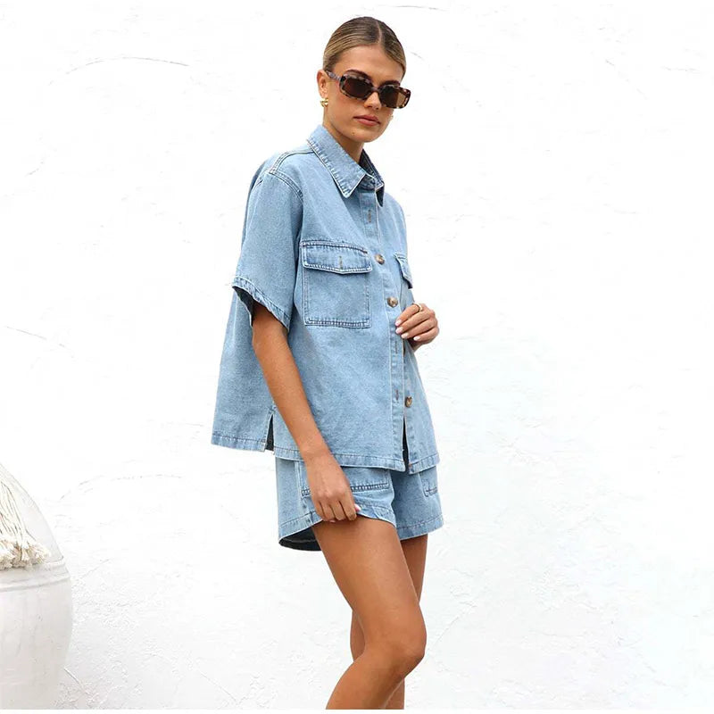 Women's Relaxed Denim Two-Piece Set with Drawstring Waist