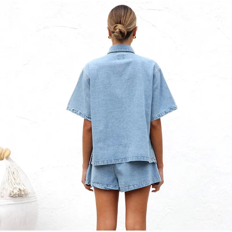 Women's Relaxed Denim Two-Piece Set with Drawstring Waist