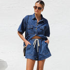 Women's Relaxed Denim Two-Piece Set with Drawstring Waist