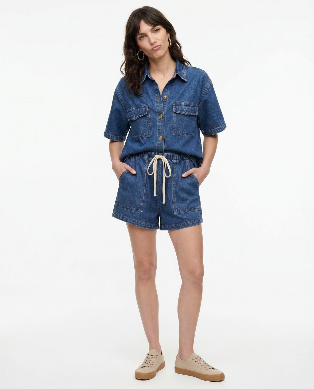 Women's Relaxed Denim Two-Piece Set with Drawstring Waist