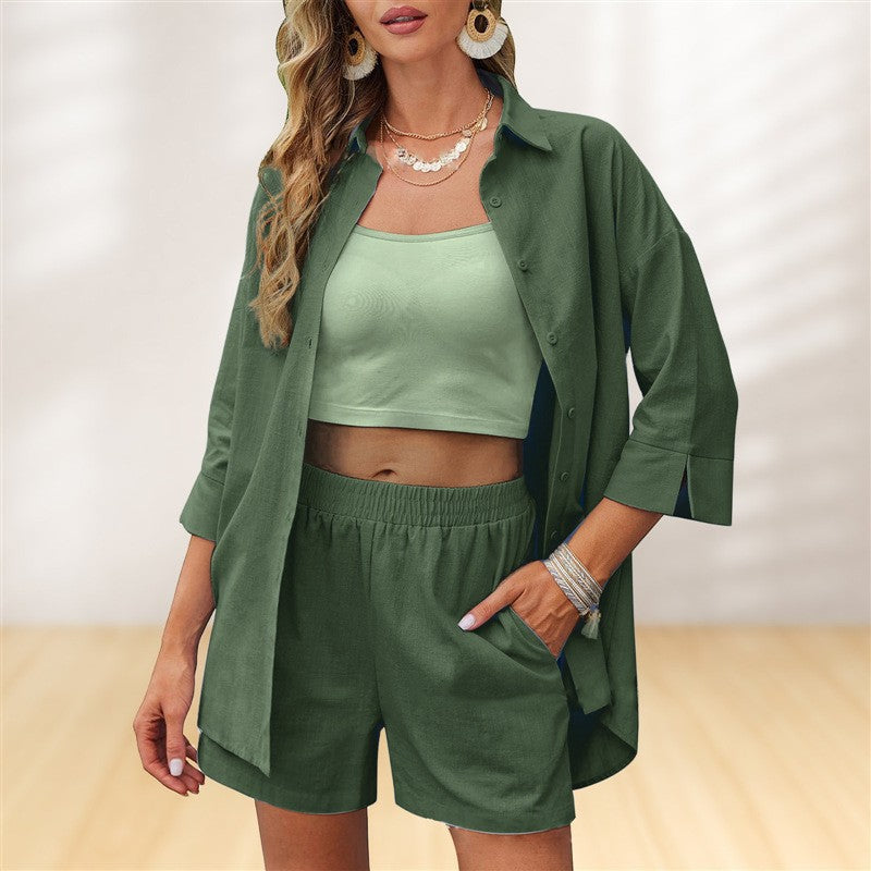 Women's Summer Linen Co-Ord Set with Button-Up Shirt and Shorts