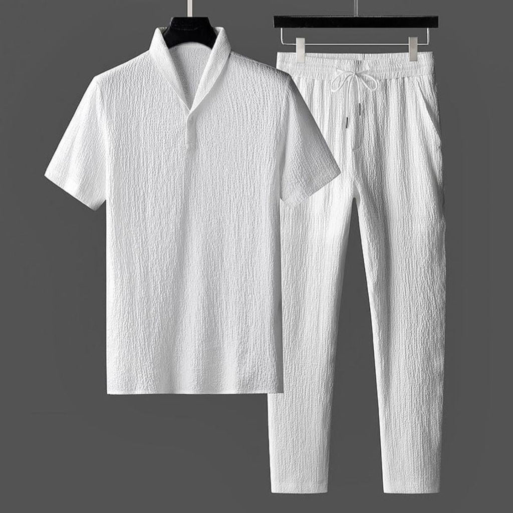 Men's Short-Sleeve Linen Set with Drawstring Waist Pants