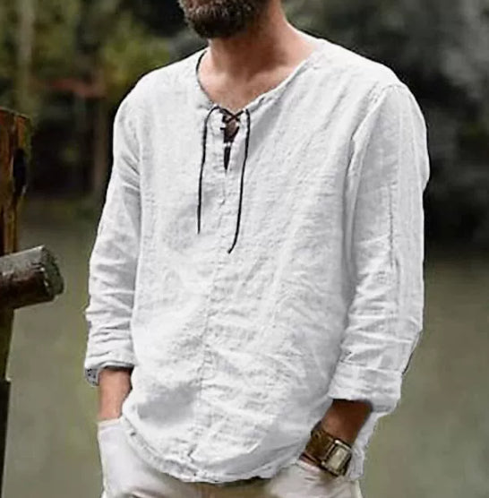 Men's Summer Linen Shirt with Lace-Up Neckline and 3/4 Sleeves