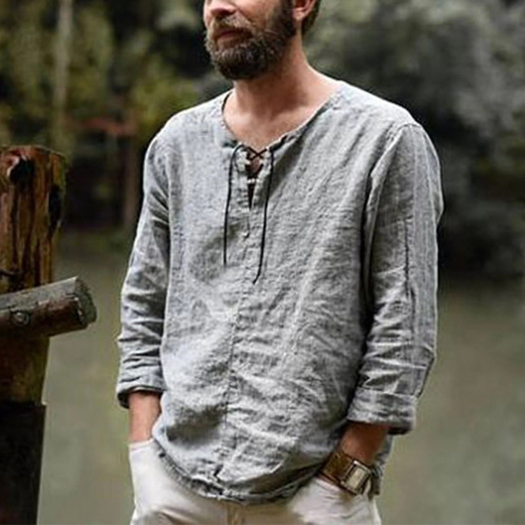 Men's Summer Linen Shirt with Lace-Up Neckline and 3/4 Sleeves