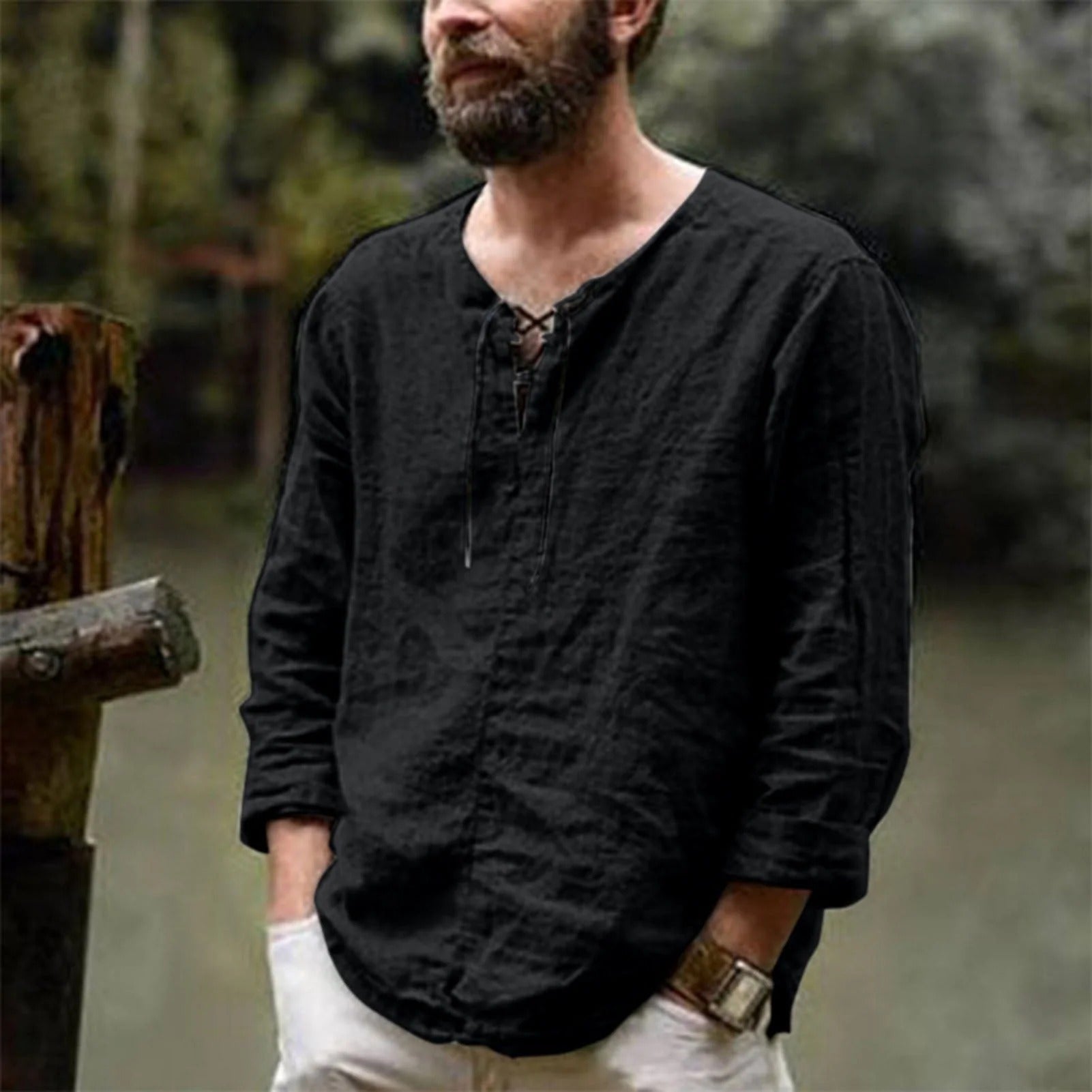 Men's Summer Linen Shirt with Lace-Up Neckline and 3/4 Sleeves