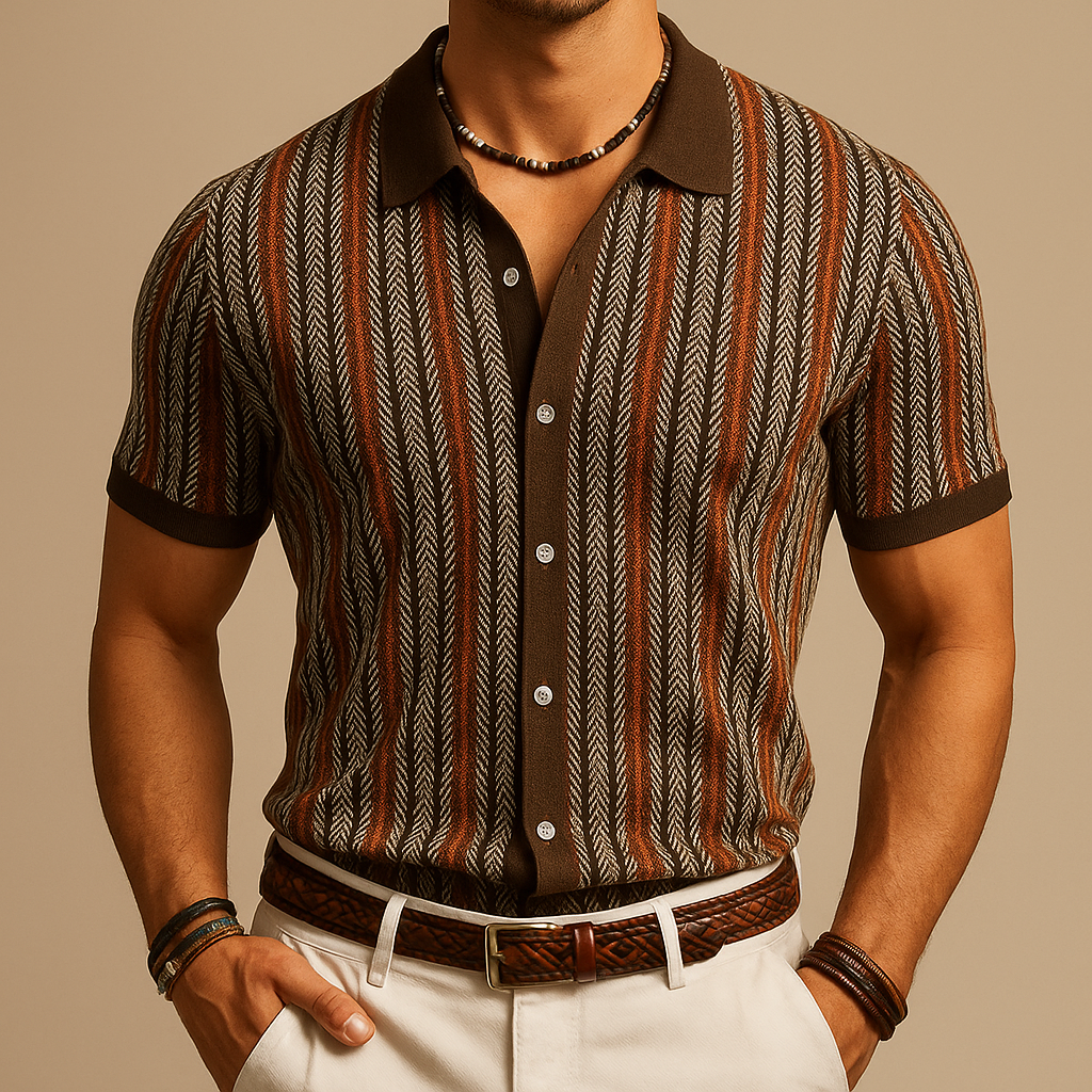 Men's Slim-Fit Short-Sleeve Shirt with Ribbed Collar and Cuffs