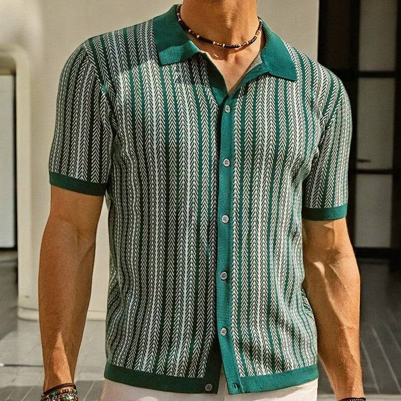 Men's Slim-Fit Short-Sleeve Shirt with Ribbed Collar and Cuffs