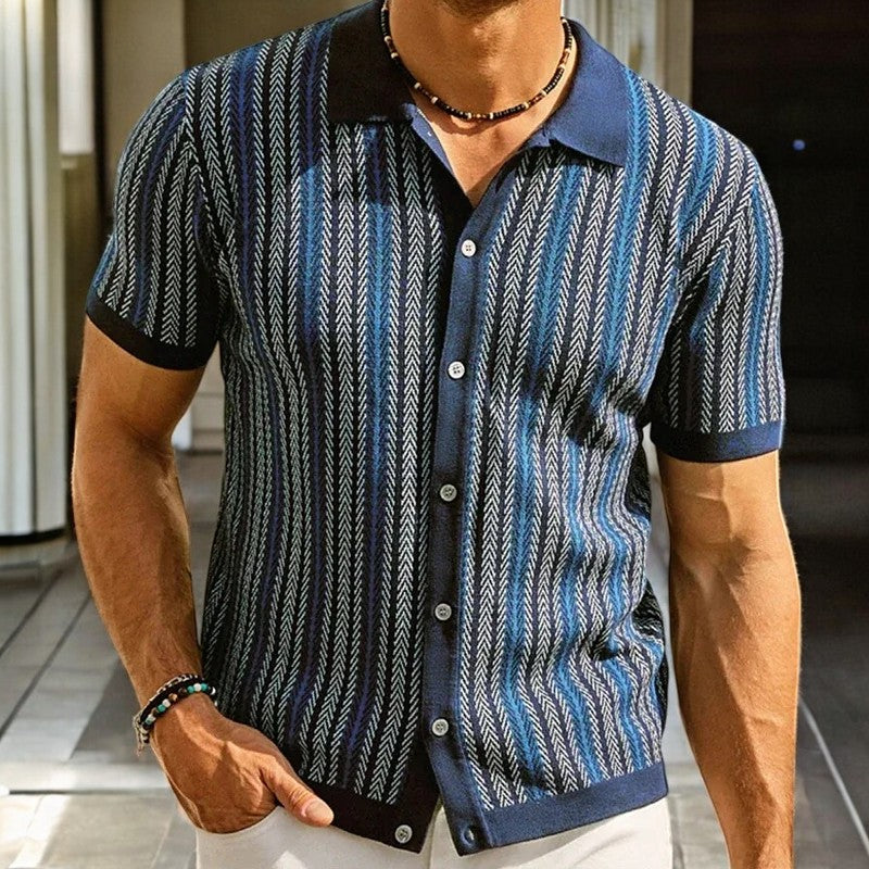 Men's Slim-Fit Short-Sleeve Shirt with Ribbed Collar and Cuffs