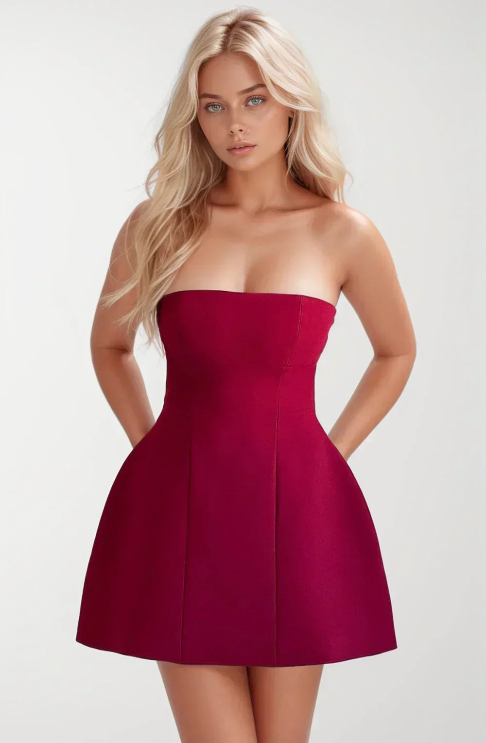 Red Strapless Bubble Hem Mini Dress