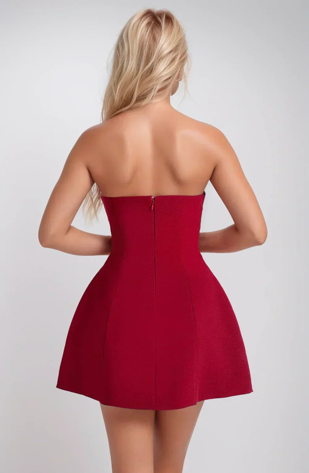 Red Strapless Bubble Hem Mini Dress
