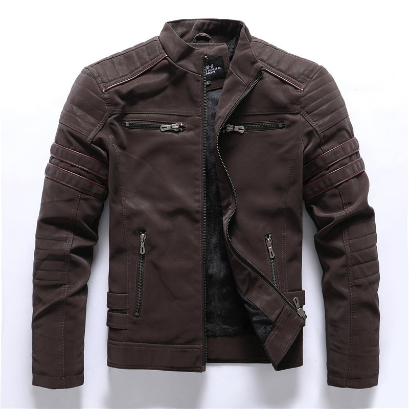 Men's Textured Biker Jacket with Stand Collar