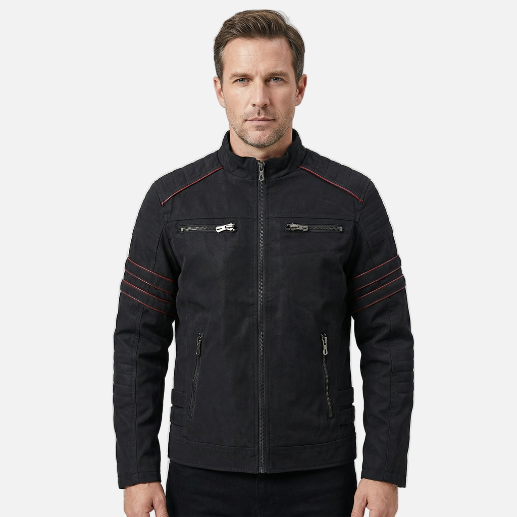 Men's Textured Biker Jacket with Stand Collar